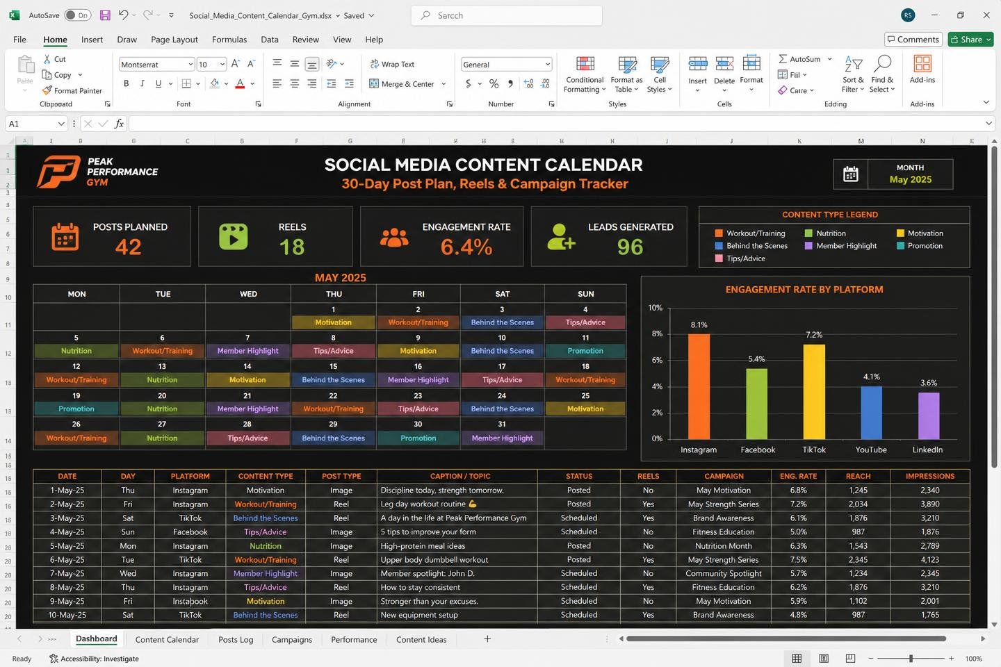 Social Media Content Calendar — spreadsheet dashboard preview