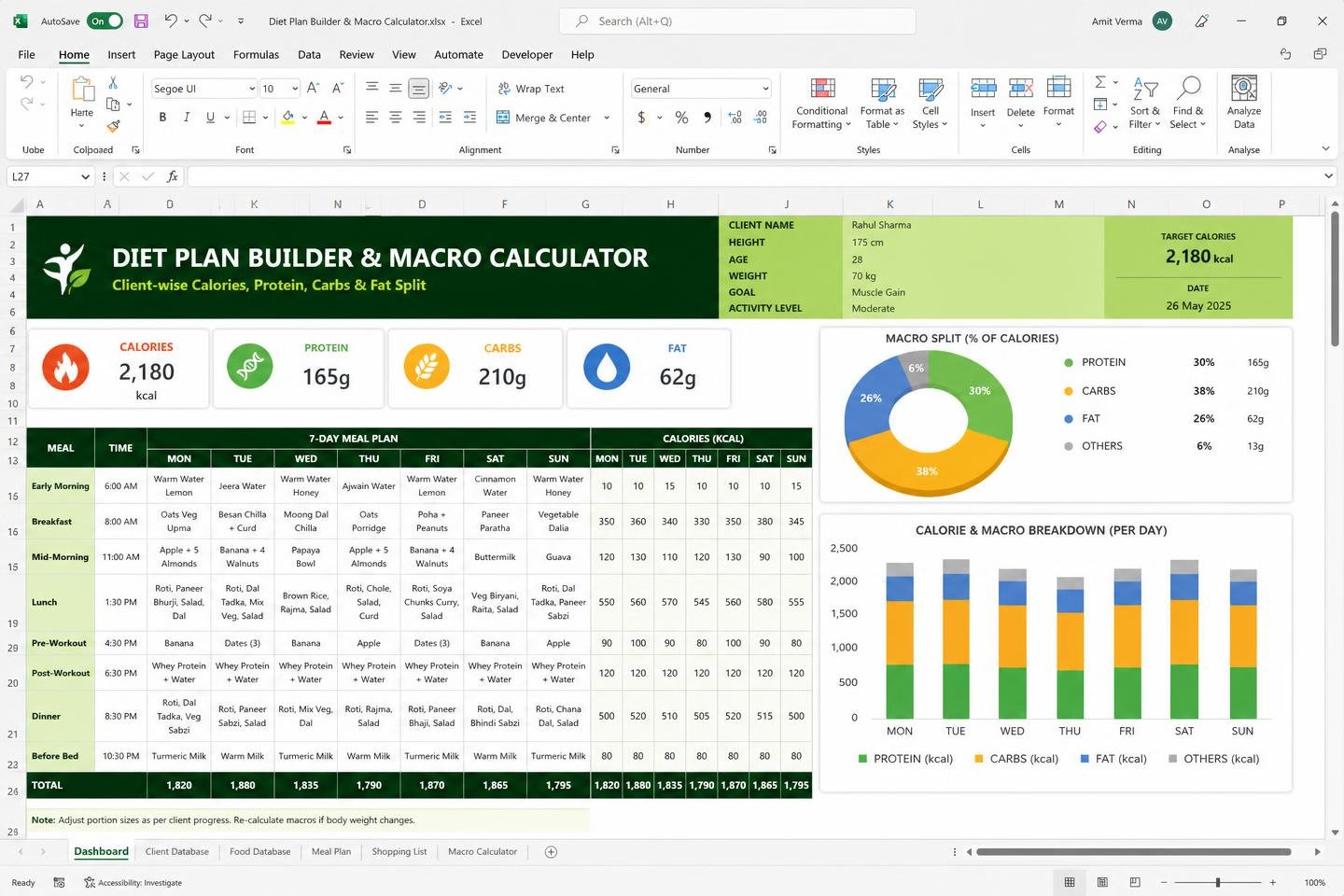 Diet Plan Builder & Macro Calculator — spreadsheet dashboard preview