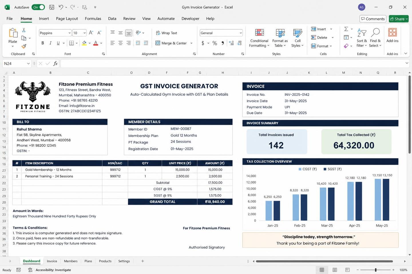 GST Invoice Generator — spreadsheet dashboard preview
